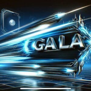 A neon blue light is shining on the word gala.