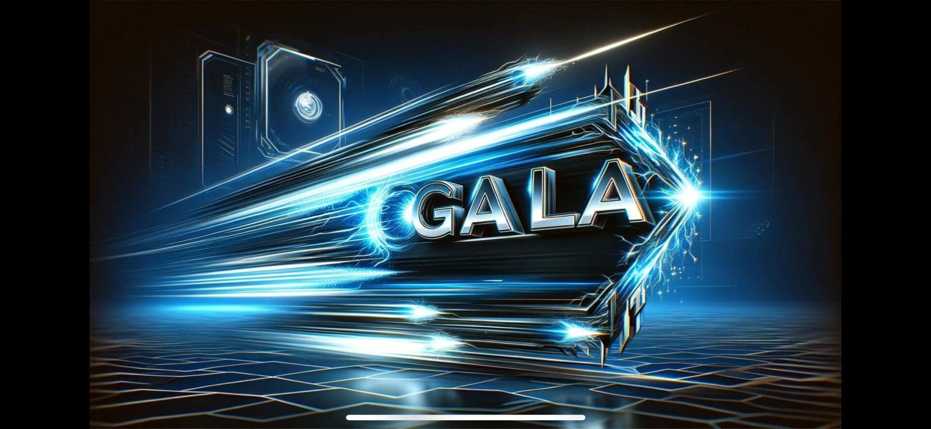 A neon blue light is shining on the word gala.