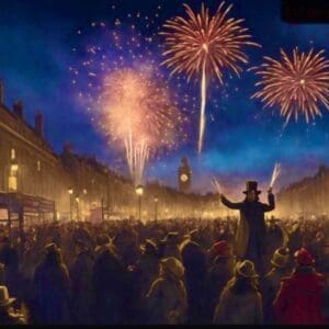 A crowd of people standing around fireworks at night.