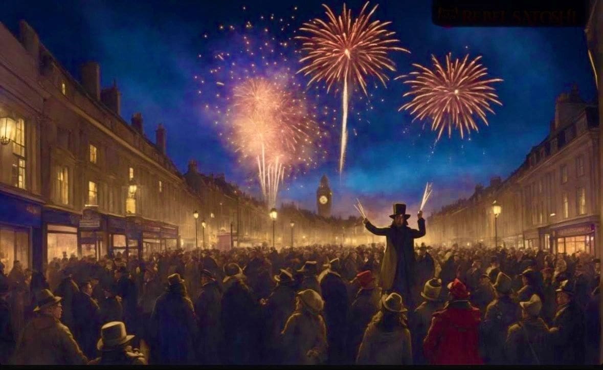 A crowd of people standing around fireworks at night.