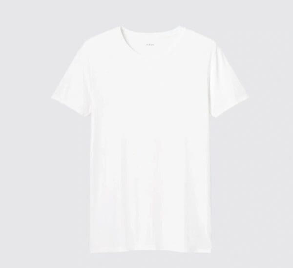 A white t-shirt is shown on a gray background.