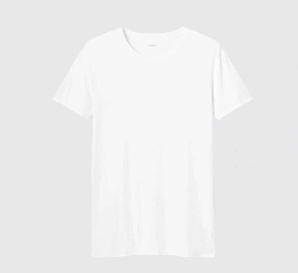 A white t-shirt is shown on a gray background.